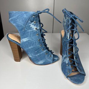 Denim Lace Up Block Heel Booties
